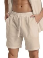 Men'S Cotton-Like Casual Shorts - Lightweight Beige Loose-Fit Drawstring Waist Non-Stretch Fabric For Beach, Wedding, Everyday - Machine Washable Breathable Pants For Adults, Beachwear Essentials, Simple Design, Comfortable Material, Lounge Wear, Vacation Outfit