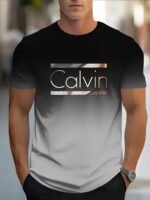 Men'S Casual Short Sleeve T-Shirt With Bold Calvin Monogram Print - Blue & White Gradient Design, Regular Fit Round Neck, Machine Washable For Casual Attire, Summer Apparel, Modern Fashion, Comfortable Fabric, Graphic Tee, Streetwear Style - Image 7