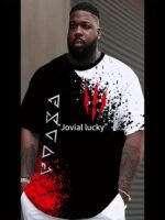 Men'S Large Size T-Shirt, White, Red And Black Geometric Pattern Short Sleeve, Round Neck, Sports Fashion, Soft, Breathable, Comfortable, Suitable For Running And Weekends, Valentine'S Day Gift, New Year Gift, 2025, Plus Size - Image 6