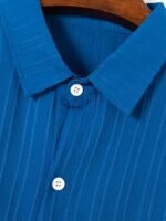 Men'S Royal Blue Casual Button-Up Shirt - Short Sleeve, Ribbed Texture Fabric, Classic Collar, Summer Wear, Machine Washable, Plus Size - Image 9
