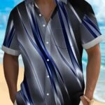 Plus Size Men'S Stripes Graphic Print Shirt For Summer, Fashion Casual Short Sleeve Shirt For Beach Vacation