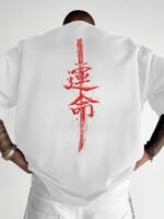 Men'S Japanese Samurai Sword Graphic T-Shirt - Casual Loose Fit Crew Neck, Short Sleeve Tee With Red Stylized Japanese Katanas Design, Breathable Polyester For Spring & Summer Outdoor Wear