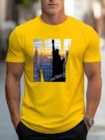 Men'S Casual Crew Neck T-Shirt With Ny City Skyline Print, Alphabet Slogan, Polyester Knit Fabric, Slight Stretch, Regular Fit, Summer Wear - Mbdmbd - Image 4
