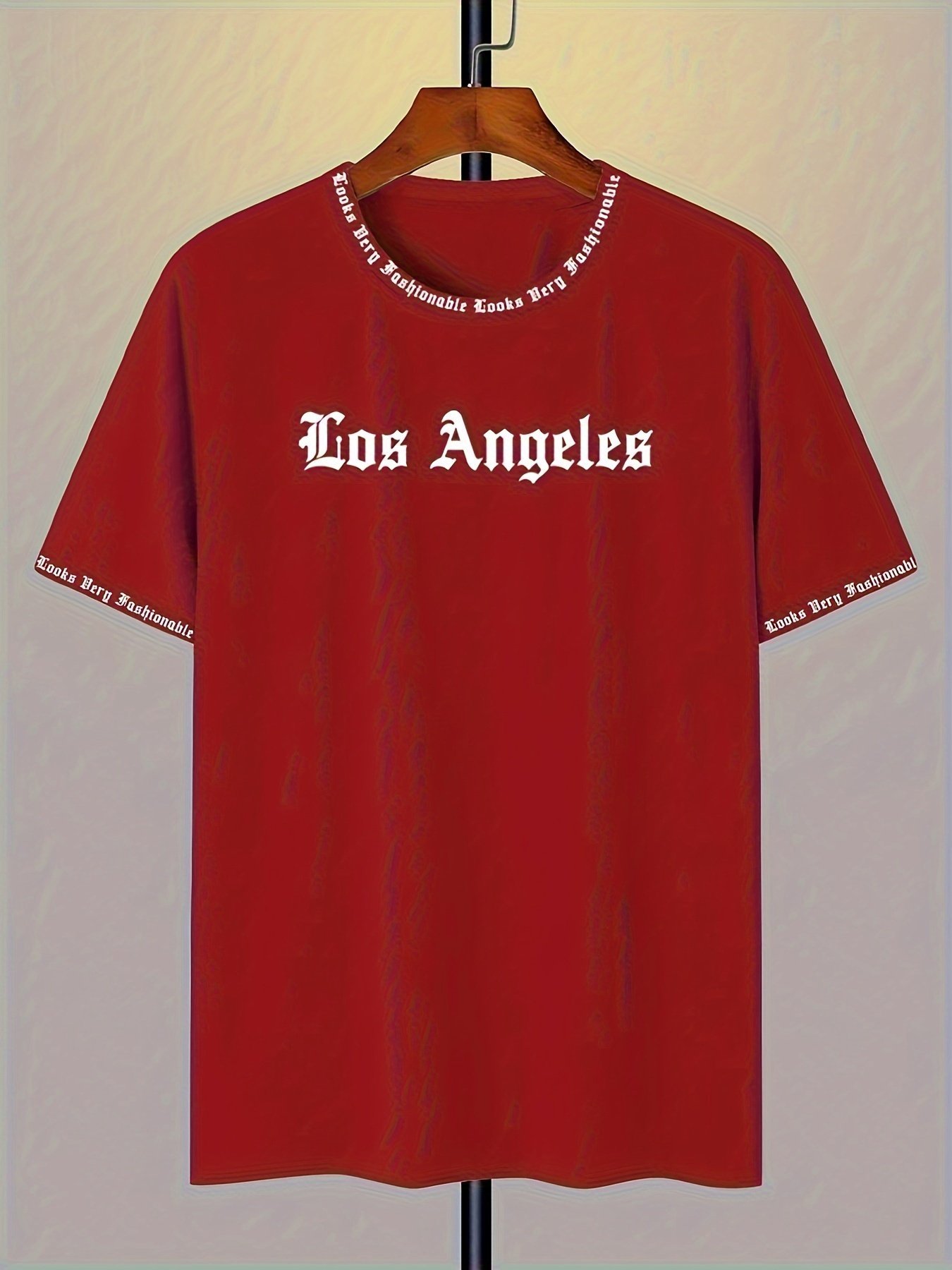 product-fancy-023efe04-6fec-43bd-b9be-633d0f409475.jpg Men'S Los Angeles Graphic T-Shirt - Red Casual Short Sleeve Tee With Bold White Print, Soft Polyester Fabric, Round Neck, Perfect For Summer Outings, Casual Attire | Bold Graphic Tee | Smooth Texture - Image 1