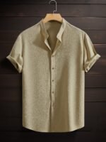 Men'S Summer Breeze Green Short-Sleeve Button-Up Shirt - Casual, Breathable Polyester With Stand Collar, Ideal For Daily Wear & Beach Vacations - Image 2