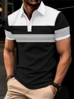 Men'S Plus Size Golf Shirt - Casual Striped Short Sleeve With Collar, Breathable Polyester Blend, Machine Washable - Navy & Gray Patchwork Design, Plus Size