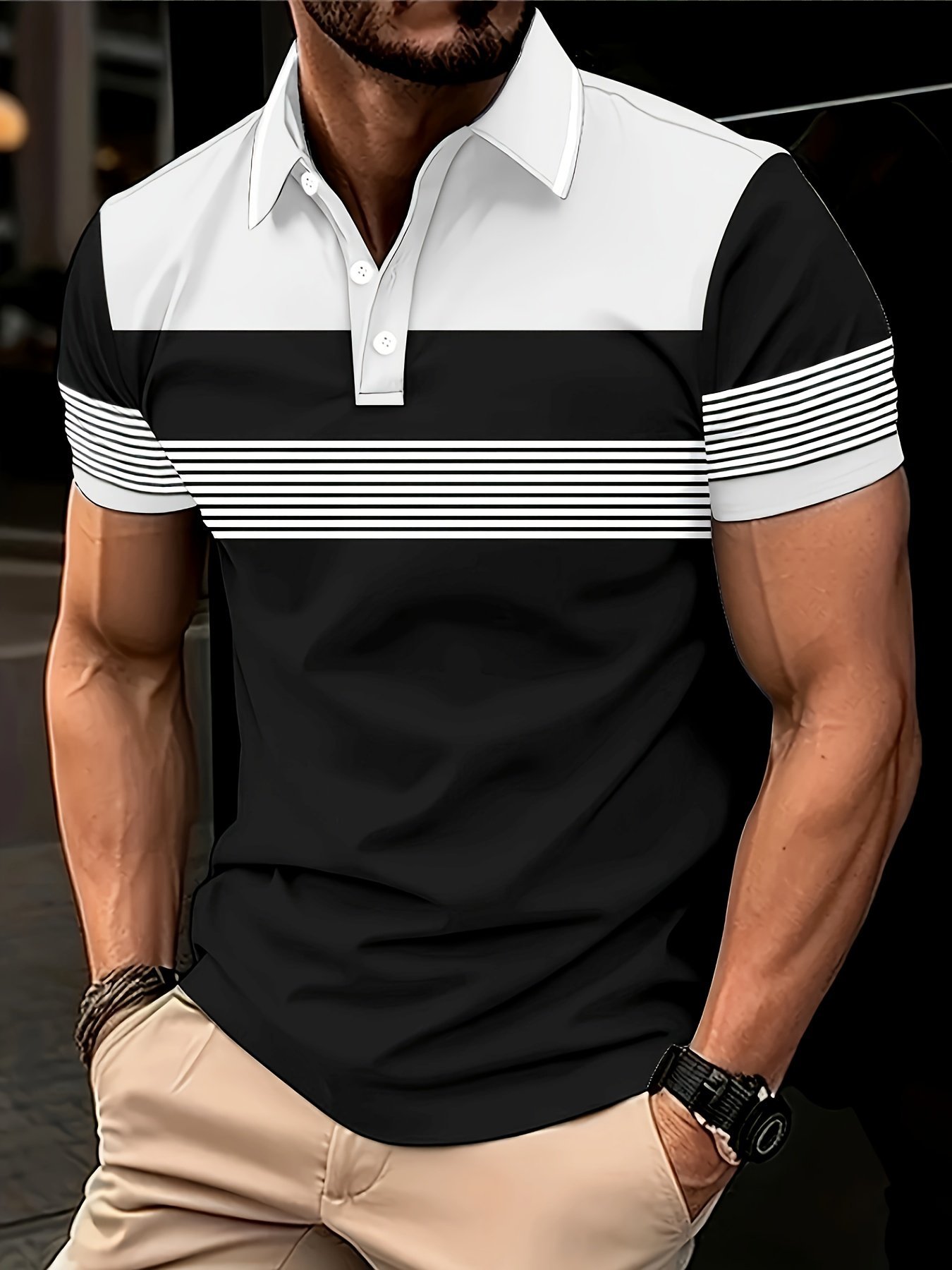 product-fancy-05064531-b6d7-4fa4-ba47-c0368a004a12.jpg Men'S Plus Size Golf Shirt - Casual Striped Short Sleeve With Collar, Breathable Polyester Blend, Machine Washable - Navy & Gray Patchwork Design, Plus Size - Image 1