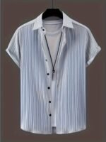 Men'S Lightweight Summer Casual Shirt - Mint Green Solid Color Short Sleeve Button-Up With Pointed Collar, 95% Polyester 5% Spandex, Machine Washable Regular Fit For Adults & Teens, Plus Size - Image 4