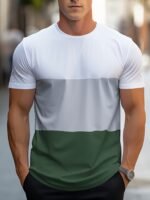 Mbdmbd Men'S Slim Fit Color Block T-Shirt - Casual, Stretchy Polyester Blend, Crew Neck, Machine Washable - Summer Essential In Black, Pink, And White - Image 3