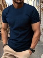 Men'S Performance T-Shirt - Solid Color Dark Blue, Active Short Sleeve Crew Neck Tee, Stretchy Nylon Blend, Ideal For Outdoor Activities, Summer Wear - Image 7