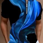 Men'S Plus Size Casual Fashion Short Sleeve Polo Shirt, Sky Blue 3D Print, Knit Fabric, Slight Stretch, Polyester 95%, Spandex 5%, Lapel Collar, Regular Fit For Spring/Summer/Fall