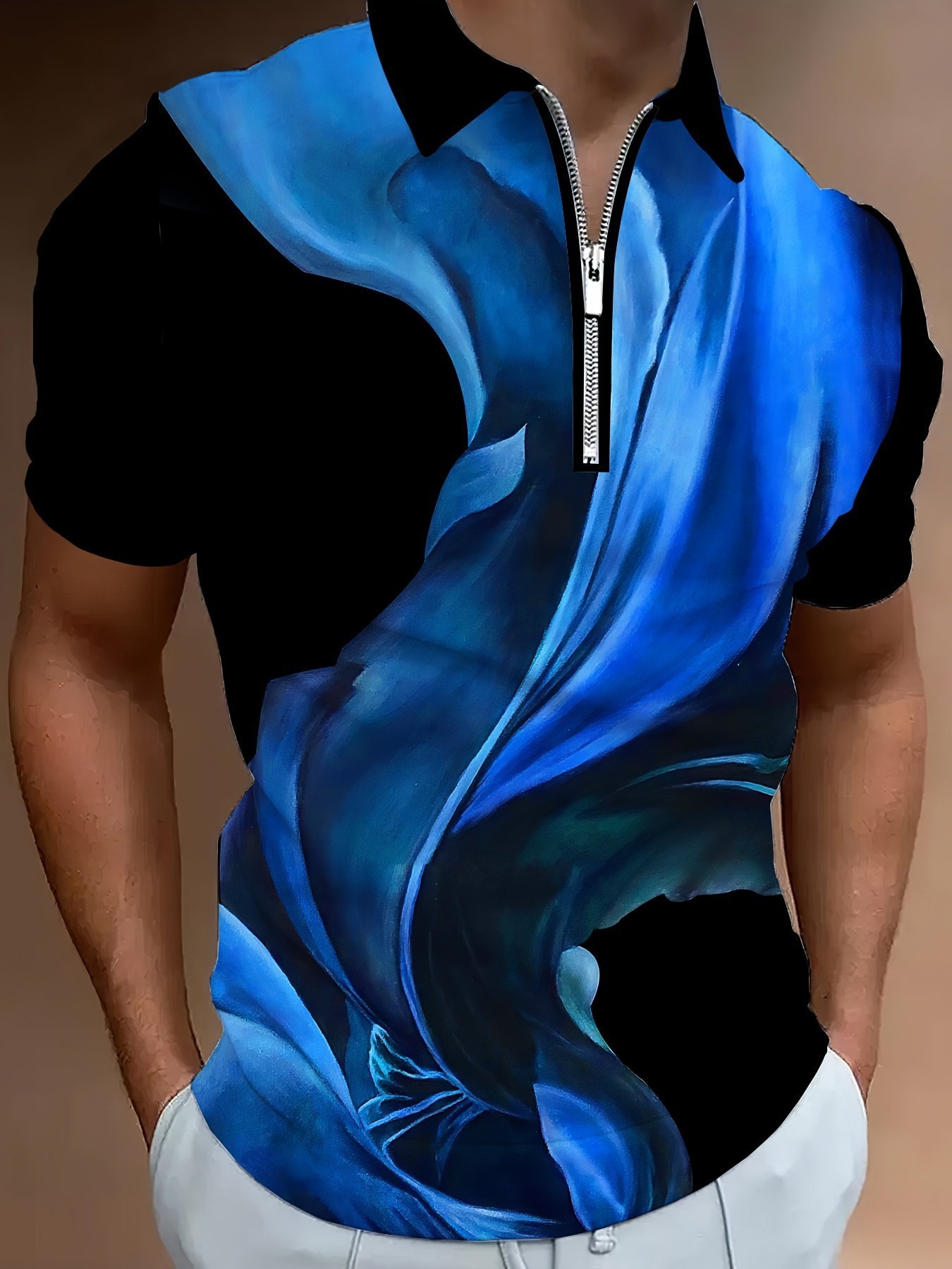 product-fancy-0929b8cf-afda-456f-9859-d981f61212ec.jpg Men'S Plus Size Casual Fashion Short Sleeve Polo Shirt, Sky Blue 3D Print, Knit Fabric, Slight Stretch, Polyester 95%, Spandex 5%, Lapel Collar, Regular Fit For Spring/Summer/Fall - Image 1