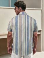 Men'S Casual Striped Short Sleeve Button-Up Shirt - Light Blue & White Vertical Stripes, Collar, Regular Fit Summer Casual Wear, Short Sleeve Button Blouses, Plus Size - Image 9