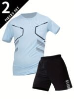 2Pcs Men'S Summer Short Sleeve Suit - Casual Sporty Round Neck T-Shirt & Shorts Set, Breathable Polyester Blend, Regular Fit, White & Black With Orange Accents, Perfect For Outdoor Activities, Summer Casual Wear | Sporty Look | Comfortable Fit, Summer Shorts - Image 2