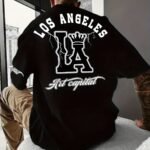 Men'S Plus Size Los Angeles Graphic Print T-Shirt - 3D Crown Design, Stretch Polyester-Spandex Blend, Lightweight 150Gsm, Machine Washable Casual Streetwear Tee, Sporty Tshirt | Urban Fashion | Smooth Texture Shirt, Plus Size