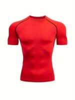 Men'S High-Elasticity Athletic Compression T-Shirt - Breathable, Quick-Dry, Short Sleeve, Red With Black Accents, Round Neck, 90% Polyester & 10% Elastane, Ideal For Gym & Outdoor Activities, Gym Clothes