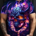 Plus Size Men'S 3D Glow Skull & Flames Graphic Print T-Shirt Funky Short Sleeve Tees For Summer, Halloween Men'S Clothing