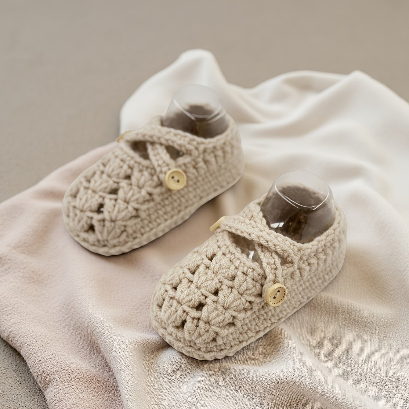 product-fancy-0e88e71a-2d54-4f73-bfd3-2830139cd5f9.jpg Baby & Toddler Knitted Slip-On Shoes - Soft Breathable Fabric First Walkers With Golden Button Closure, Cozy Indoor/Outdoor Footwear For Infants, Cute Grid Pattern All-Season Casual Shoes, Toddler Shoes, Everyday Infant Wear, Charming Infant Design, Durable Woven Texture - Image 1