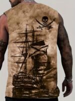Men'S Plus Size Pirate Ship Graphic Tank Top - Breathable Polyester, Street Style Sleeveless Shirt For Summer, Plus Size - Image 5