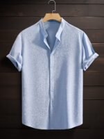Men'S Summer Breeze Green Short-Sleeve Button-Up Shirt - Casual, Breathable Polyester With Stand Collar, Ideal For Daily Wear & Beach Vacations - Image 6