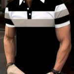 Men'S Casual Polo Shirt, Oversized Short Sleeve, Regular Fit, Fashionable Patchwork Lines Design, 95% Polyester 5% Spandex, Slight Stretch Knit Fabric, All Season Lapel Collar Top, Plus Size
