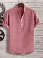 Men'S Solid Color Henley Collar Short Sleeve Shirt, Plus Size - Image 6
