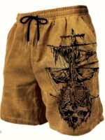 Men'S Skull & Ship Print Beach Shorts - Lightweight Quick-Dry Polyester Swim Trunks With Adjustable Drawstring Waist, Regular Fit Casual Swimwear For Surfing, Pool & Summer Adventures (Khaki/Charcoal), Bathing Suits, Plus Size - Image 3