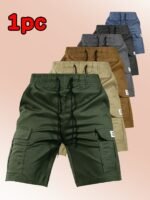 Everyday Comfort Cargo Shorts 1Pc Men'S Summer Cargo Shorts - Durable Polyester, Elastic Drawstring Waist, Large Pockets, Knee-Length With Reinforced Stitching - Image 7