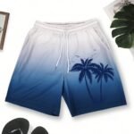 Hanzunpin Men'S Polyester Beach Shorts | Quick-Dry, Gradient Palm Tree 3D Digital Print | Adjustable Drawstring Waistband | Casual Vacation Wear | Machine Washable | Non-Stretch Fabric | Multi-Color Blue & White, Summer Leisure Wear | Vibrant Casual Shorts | Drawstring Closure