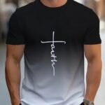 Men'S Gradient "Faith" Letter Print T-Shirt - Casual Crew Neck, Short Sleeve, Comfortable Polyester Blend, Machine Washable - Stylish Summer Top With Color-Changing Design