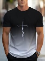 Men'S Gradient "Faith" Letter Print T-Shirt - Casual Crew Neck, Short Sleeve, Comfortable Polyester Blend, Machine Washable - Stylish Summer Top With Color-Changing Design
