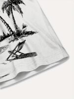Men'S Plus Size Casual Short Sleeve Hawaiian Shirt - Tropical Beach Scene With Palm Trees, Relaxing Chairs & Sailboat Print, Lightweight Polyester, Easy-Care, Button-Up Collar For Summer Vacation, Plus Size - Image 4