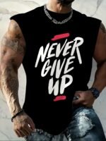 Men'S Plus Size "Never Give Up" Motivational Print Tank Top - Breathable & Stretchy Sleeveless Shirt For Summer Fitness, Training & Basketball - Black With White & Red Design, Polyester Blend, Casual Style, Basketball Tank Top | Sleeveless Motivational Shirt | Digital Print Quality, Gym Shirts, Plus Size