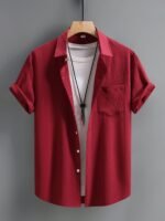 Men'S Casual Short Sleeve Button-Up Shirt - Wrinkle-Resistant Polyester, Dark Gray With Collar & Chest Pocket, Lightweight Summer Wear For Everyday Use, Everyday Shirt | Modern Casual Style | Polyester Fabric, Short Sleeve Tops, Plus Size - Image 7