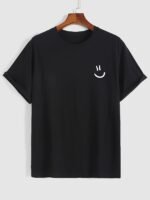 Men'S 100% Cotton White T-Shirt With Joyful Face Print - Minimalist Round Neck Short Sleeve Casual Casual Attire, Soft Breathable Fabric, Left Chest Joyful Face Design, Minimalist White Tee For Men, Versatile For Casual & Formal Outfits, Hand Washable, Regular Fit, Plain White With Joyful Face Graphic, Smooth Texture, No Stretch Fabric, Basic Style For Layering, Suitable For Casual Attire, Round Neck T Shirt For Men, T Shirt For Men High Quality, Funny T Shirts, - Image 8