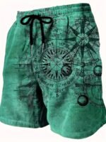 Men'S Plus Size Casual Fashion Novelty Blue Compass Pattern Digital Print Shorts, Non-Stretch Fabric, Regular Fit, Geometric Design, Woven Polyester, Casual Summer Wear, Plus Siz - Image 2
