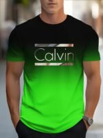 Men'S Casual Short Sleeve T-Shirt With Bold Calvin Monogram Print - Blue & White Gradient Design, Regular Fit Round Neck, Machine Washable For Casual Attire, Summer Apparel, Modern Fashion, Comfortable Fabric, Graphic Tee, Streetwear Style - Image 5