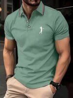 Men'S Short Sleeve Shirt - White With Red Golf Print, Striped Collar & Cuffs, Breathable Summer Golf & Casual Wear, Machine Washable Regular Fit, Durable Fabric - Image 5