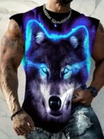 Men'S Oversized Wolf Print Sleeveless T-Shirt - Neon Blue & Black Wolf Howling At Camera Design, Breathable Sleeveless Gym Shirt For Summer Fitness, Basketball Training, Casual & Night Out - Comfortable Round Neck Muscle Shirt For Men With Wolf Graphic, Machine Washable, Relaxed Fit, Stylish & Functional For Warm Weather, Ideal For Workouts And Casual Wear, Plus Size