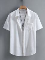 Men'S Casual Short Sleeve Button-Up Shirt - Wrinkle-Resistant Polyester, Dark Gray With Collar & Chest Pocket, Lightweight Summer Wear For Everyday Use, Everyday Shirt | Modern Casual Style | Polyester Fabric, Short Sleeve Tops, Plus Size - Image 3