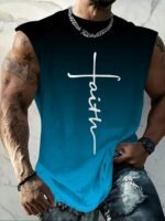 Men'S Plus Size Gradient "Faith" Print Tank Top - Breathable & Stretchy Sleeveless Shirt For Summer Fitness, Training & Casual Wear, Black To Teal Design, Summer Tank Tops, Plus Size - Image 3