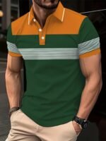 Men'S Plus Size Golf Shirt - Casual Striped Short Sleeve With Collar, Breathable Polyester Blend, Machine Washable - Navy & Gray Patchwork Design, Plus Size - Image 3