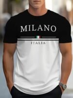 Men'S Casual "Milano Italy" Graphic T-Shirt - Black & White With Italian Flag Design, Short Sleeve, Round Neck, Polyester, Summer Streetwear, Italian T Shirt - Image 8