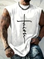 Men'S Plus Size Gradient "Faith" Print Tank Top - Breathable & Stretchy Sleeveless Shirt For Summer Fitness, Training & Casual Wear, Black To Teal Design, Summer Tank Tops, Plus Size - Image 2