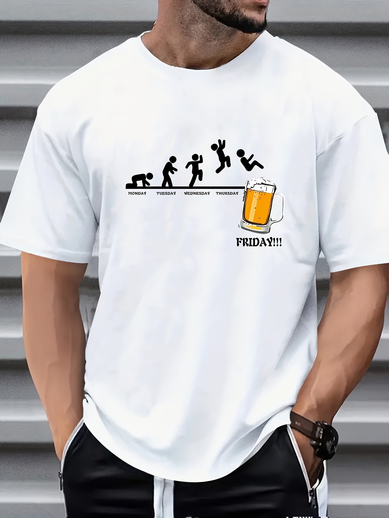 product-fancy-310956fc-d31b-4f1a-89d2-ba97f6116f62.jpg Men'S Beer Graphic Print Casual Crew Neck T-Shirt - "Friday" Design, White, Short Sleeve, Polyester, Relaxed Fit, Perfect For Casual Attire - Image 1