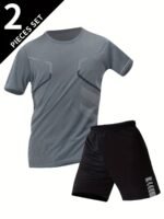 2Pcs Men'S Summer Short Sleeve Suit - Casual Sporty Round Neck T-Shirt & Shorts Set, Breathable Polyester Blend, Regular Fit, White & Black With Orange Accents, Perfect For Outdoor Activities, Summer Casual Wear | Sporty Look | Comfortable Fit, Summer Shorts - Image 5