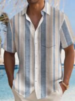 Men'S Casual Striped Short Sleeve Button-Up Shirt - Light Blue & White Vertical Stripes, Collar, Regular Fit Summer Casual Wear, Short Sleeve Button Blouses, Plus Size - Image 4