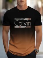 Men'S Casual Short Sleeve T-Shirt With Bold Calvin Monogram Print - Blue & White Gradient Design, Regular Fit Round Neck, Machine Washable For Casual Attire, Summer Apparel, Modern Fashion, Comfortable Fabric, Graphic Tee, Streetwear Style - Image 4