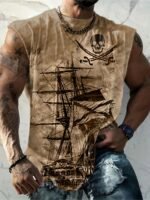 Men'S Plus Size Pirate Ship Graphic Tank Top - Breathable Polyester, Street Style Sleeveless Shirt For Summer, Plus Size
