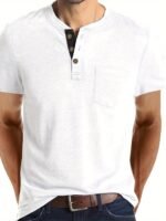 Men'S Summer Casual Short Sleeve T-Shirt - Breathable Blend Round Neck Henley-Style Button Front, Semi-Sheer Fabric, Machine Washable Regular Fit For Outdoor & Casual Attire, Relaxed Style, Buttonfront Design, Easy Care, Buttonup Shirt, Warm Weather Clothing, Lightweight Material, Buttonfront Top, Warm Weather Apparel, Casual Attire, Comfortable Material, Soft Fabric Tee - Image 6